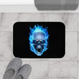 Flaming Demon  Skull Blue on Black Bath Mat