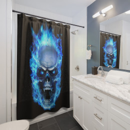Flaming Demon  Skull Blue ﻿on Black Shower Curtains