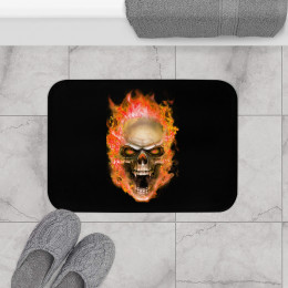 Flaming Demon  Skull Orange on Black Bath Mat