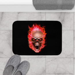 Flaming Demon  Skull Red on Black Bath Mat