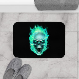 Flaming Demon  Skull Electric Blue on Black Bath Mat