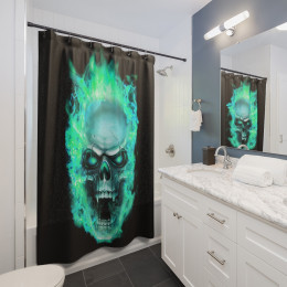 Flaming Demon  Skull Electric Blue ﻿on Black Shower Curtains