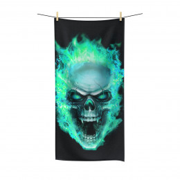 Flaming Demon  Skull Electric Blue  on Black Polycotton Towel