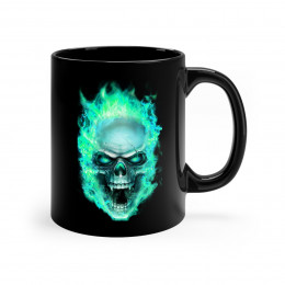 Flaming Demon Skull Electric Blue on Black mug 11oz