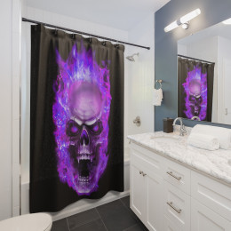 Flaming Demon  Skull Purple on Black Shower Curtains