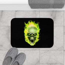 Flaming Demon Skull Yellow on Black Bath Mat