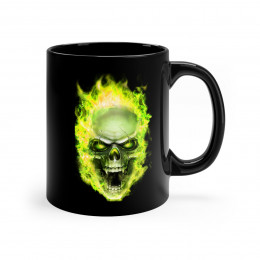 Flaming Demon Skull Yellow on Black mug 11oz