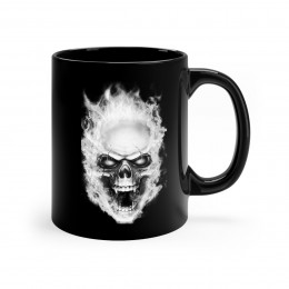Flaming Demon Skull White on Black mug 11oz