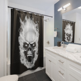 Flaming Demon  Skull White on Black Shower Curtains