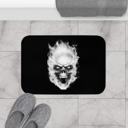 Flaming Demon Skull White on Black Bath Mat
