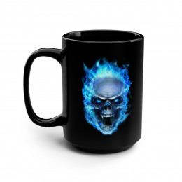 Flaming Demon Skull Blue on Black Mug 15oz