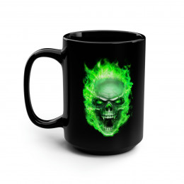 Flaming Demon Skull Green on Black Mug 15oz