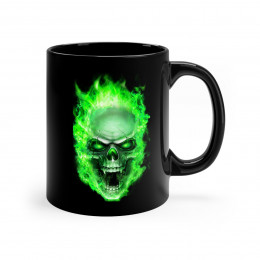 Flaming Demon Skull Green on Black mug 11oz