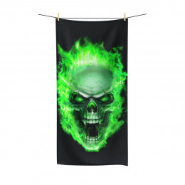 Flaming Demon  Skull Green on Black Polycotton Towel