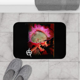 Punk Rock Pink Mowhawk Monster on Black Bath Mat