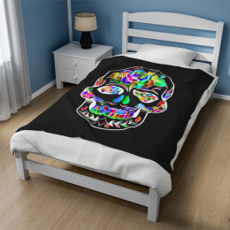 Cinco De Mayo Sugar Skull on Black Velveteen Plush Blanket
